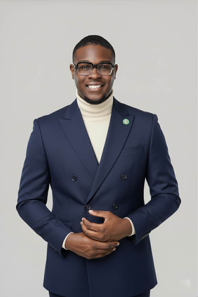 Person with short hair, glasses, wearing a navy blazer and cream turtleneck, smiling, standing against a plain background.