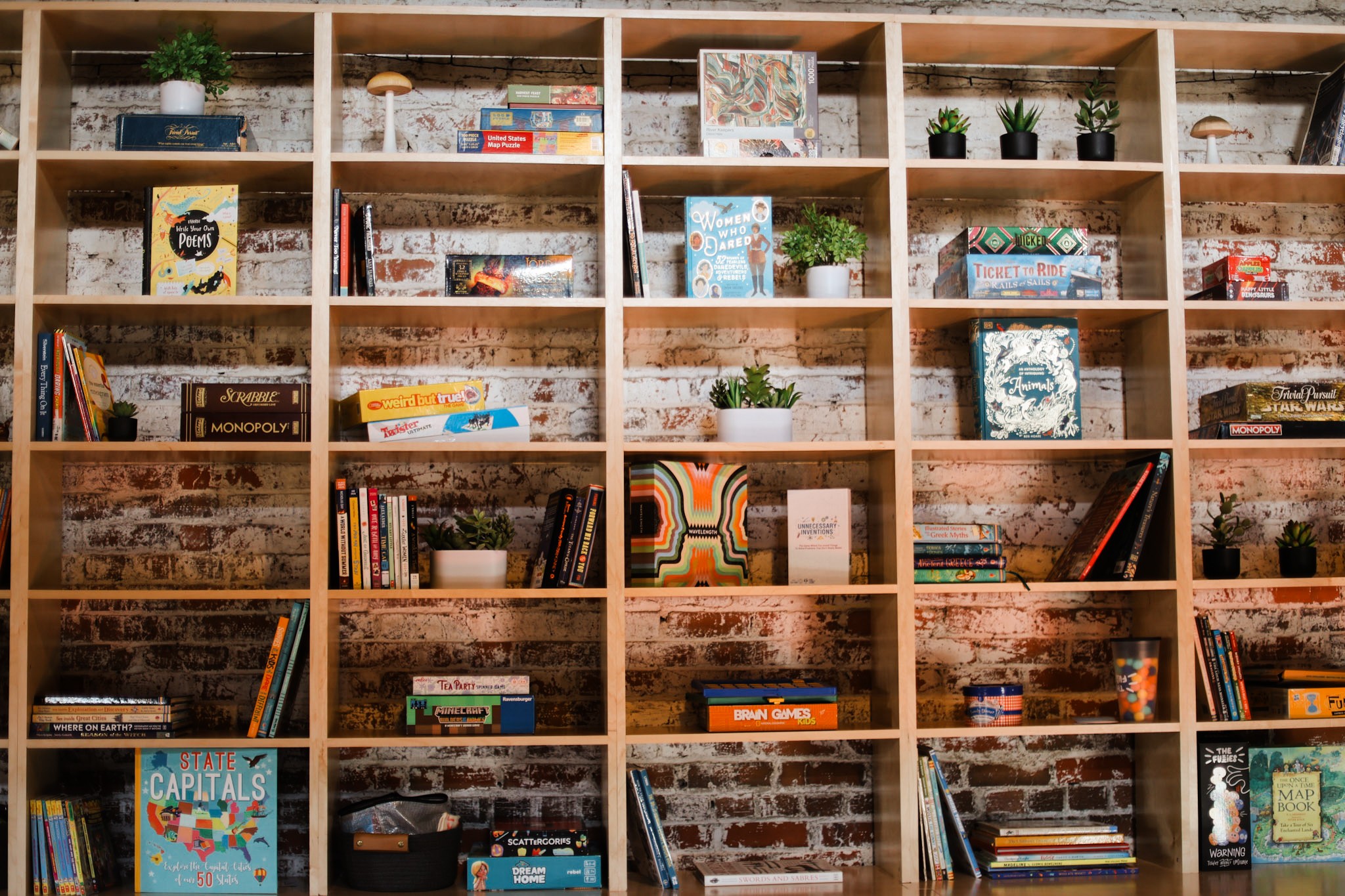 Bookshelves filled with books, plants, and decorative items against a brick wall, organized in a grid pattern.