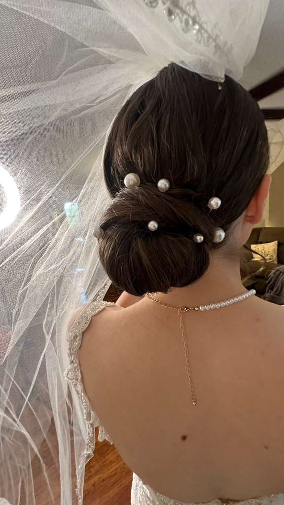 Back of a woman with an elegant updo hairstyle decorated with pearls, wearing a necklace and veil, facing away.