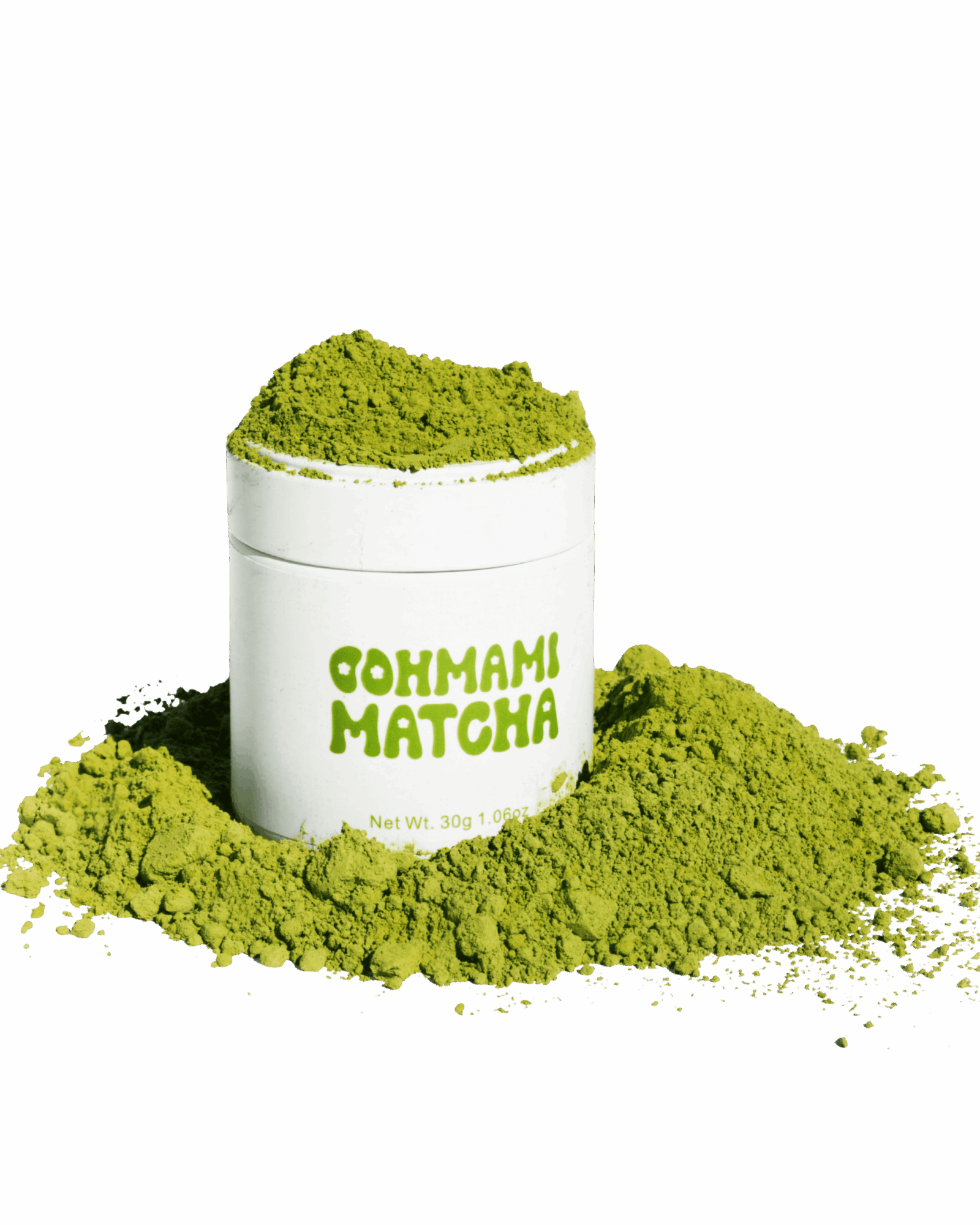 Container labeled 'Gohhami Matcha' surrounded by green matcha powder on black background.