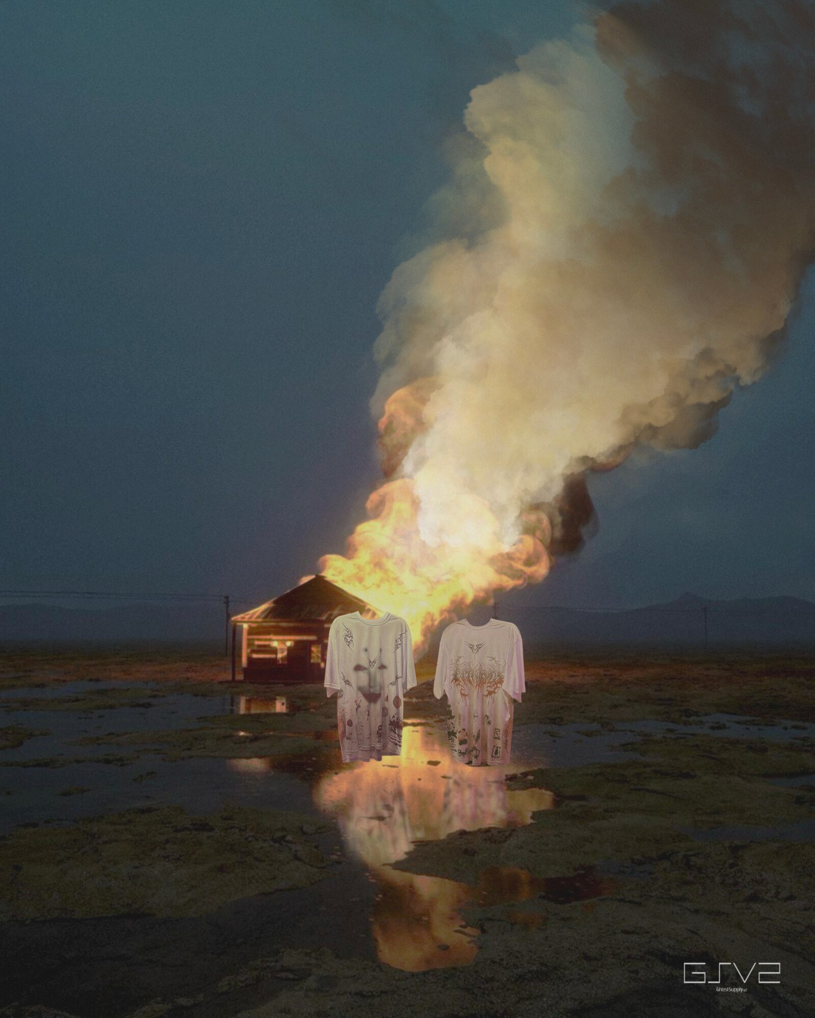Two angel statues stand in front of a burning building with thick smoke, reflected in a puddle on the ground.