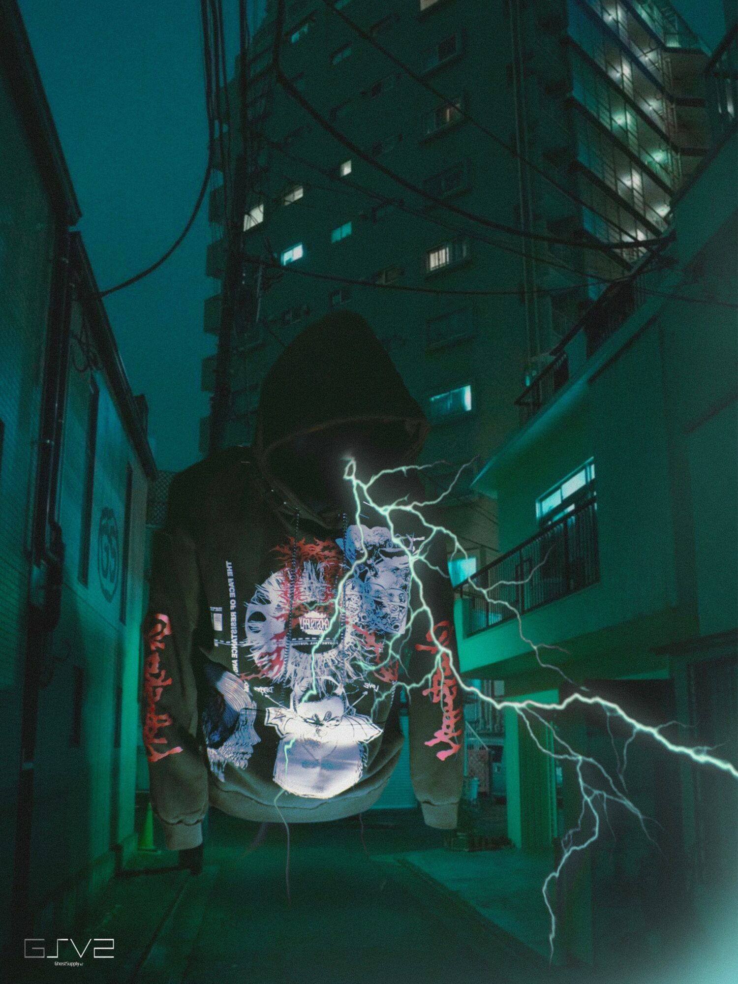 Person standing in alleyway at night with lightning effects and a city building in the background.