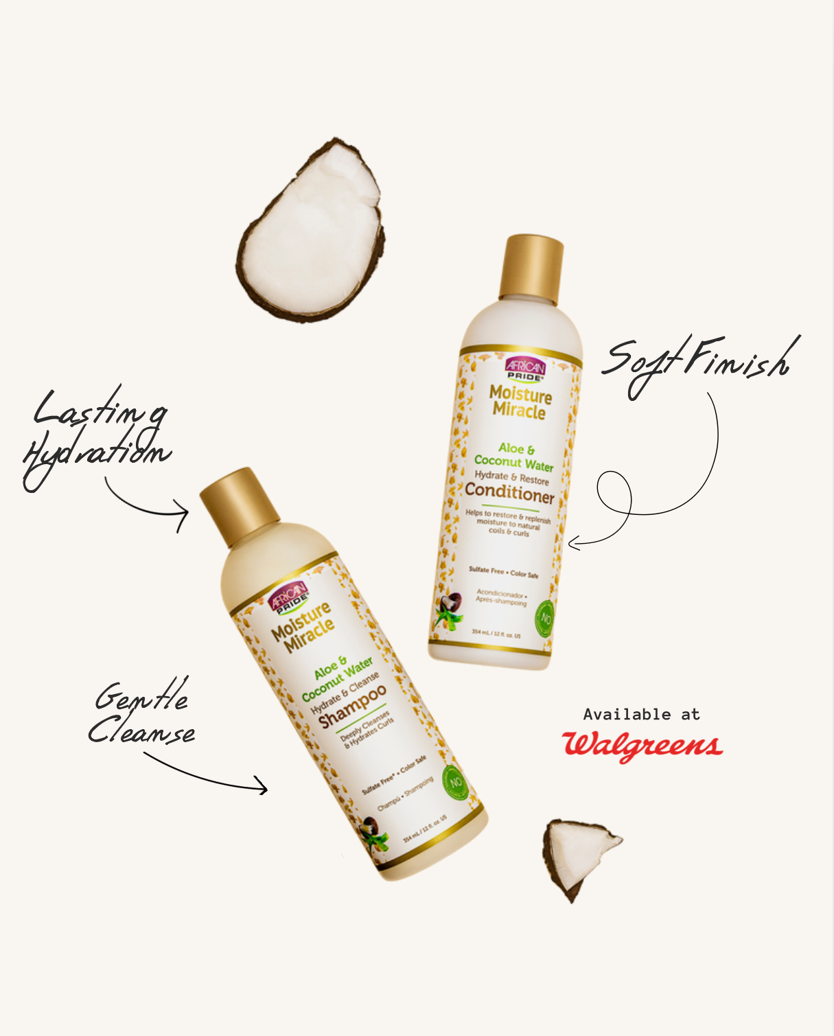Two bottles of conditioner and cleanser with coconut pieces, handwritten notes, and 'Available at Walgreens' text.