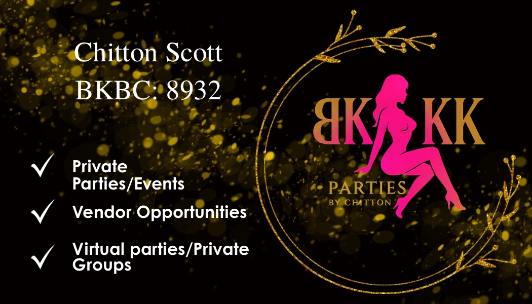 Business card with pink silhouette of a woman, event details, and gold decorative elements, including text about private parties and vendor opportunities.