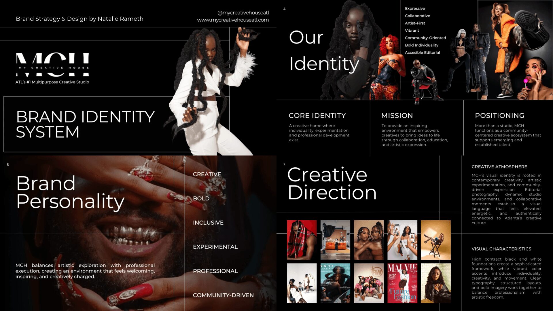 Collage of branding and identity design with images of people, text about brand personality and creative direction, and various photos.