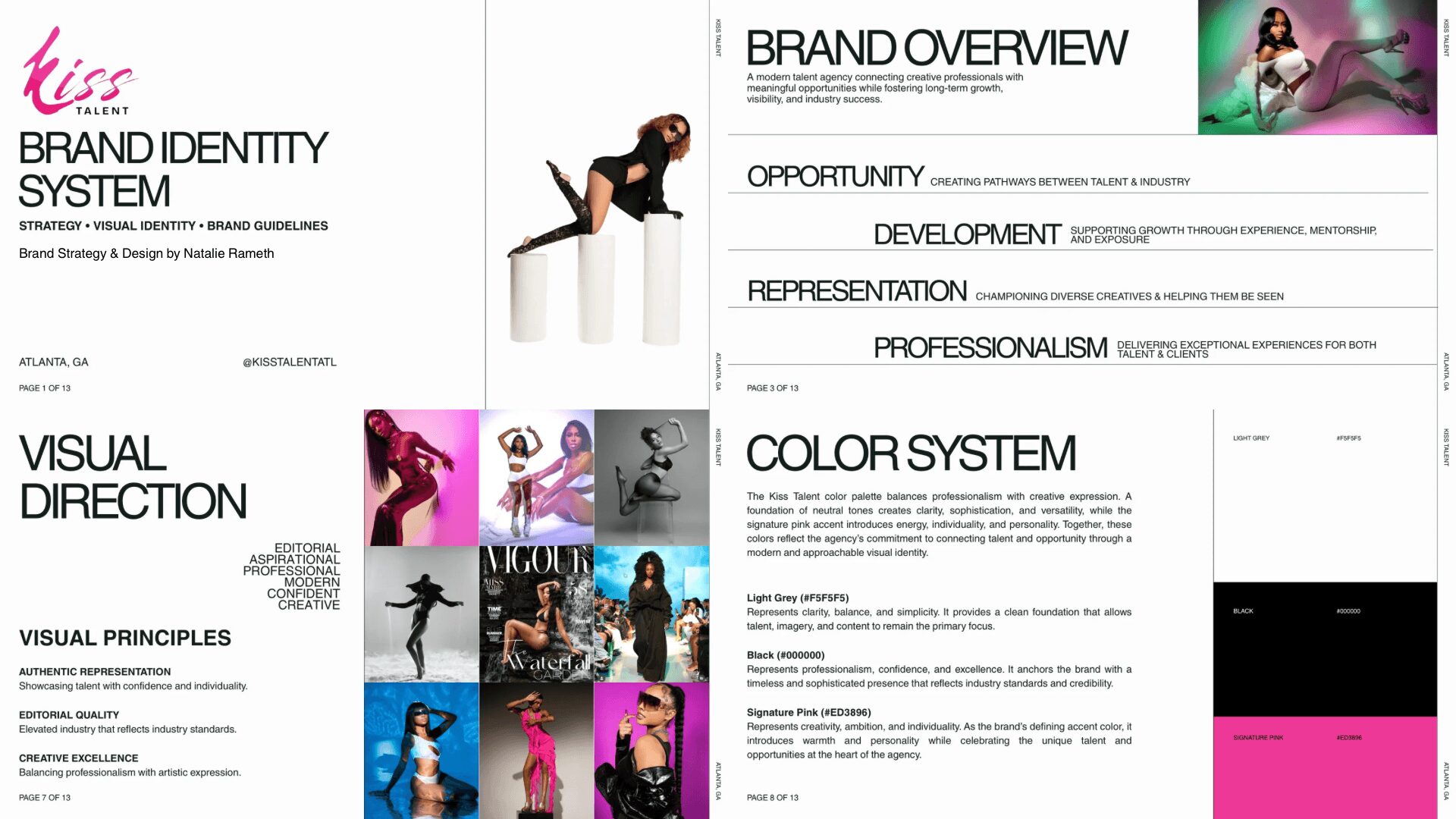 Two pages of a branding document with images of women in dance poses, text sections titled 'Brand Overview' and 'Color System', and colorful photos.