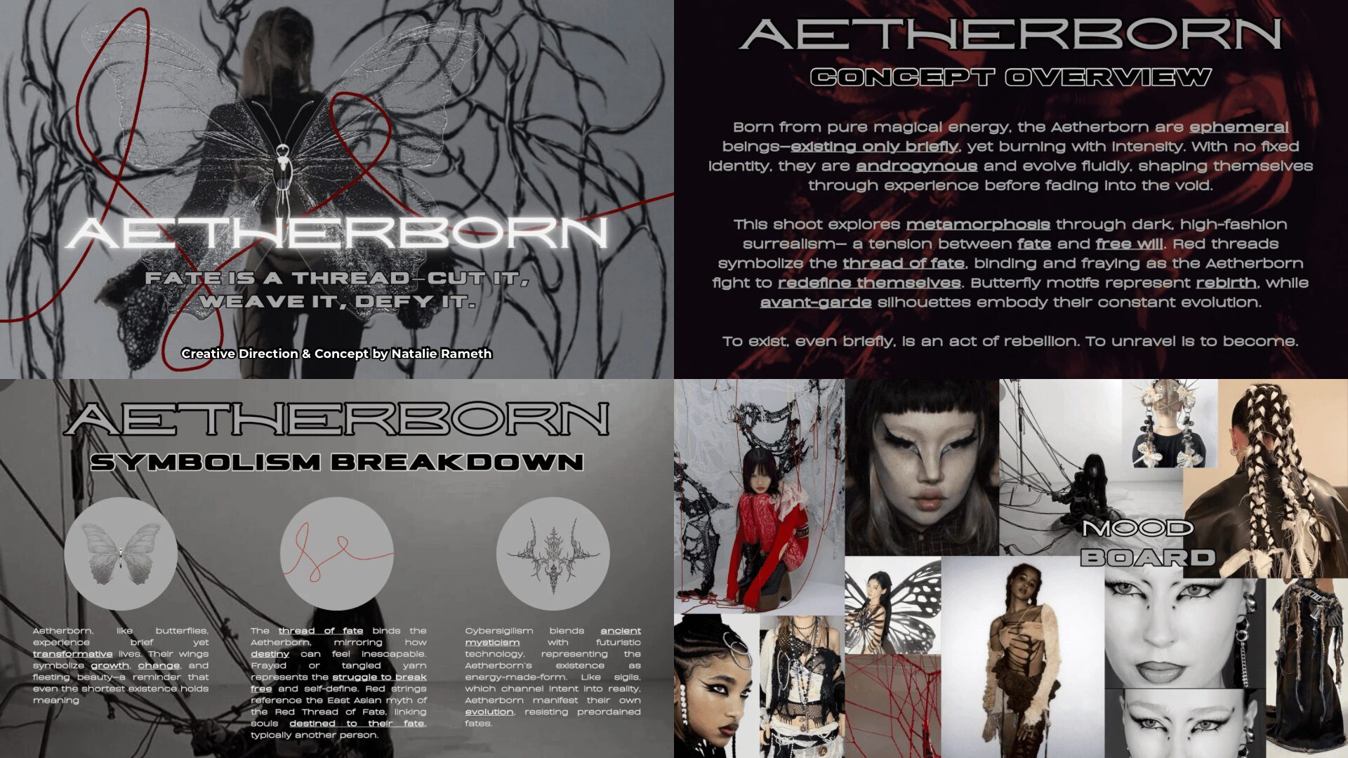 Collage of images and text related to Aetherborn concept, including models, makeup, and design elements, with dark background and intricate details.