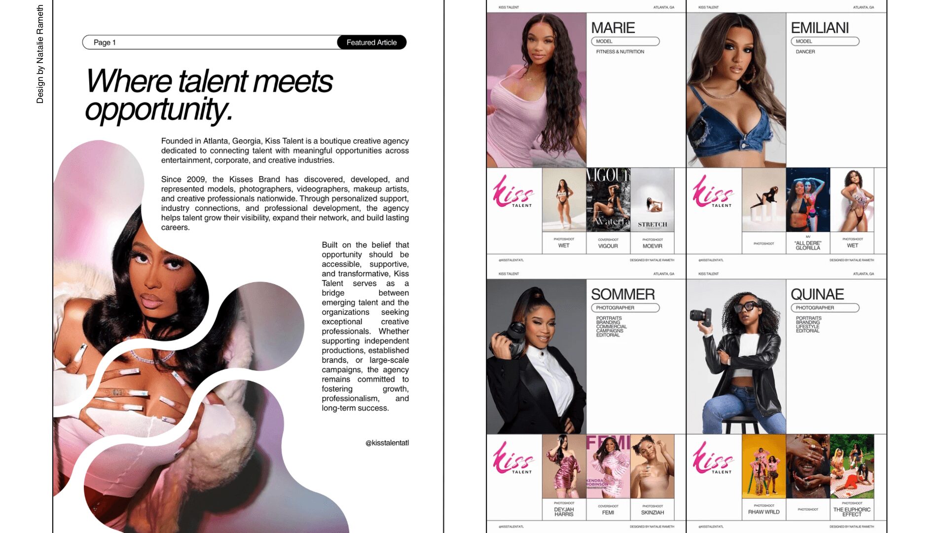 Magazine spread with text on the left and model photos on the right, featuring four women in various outfits.
