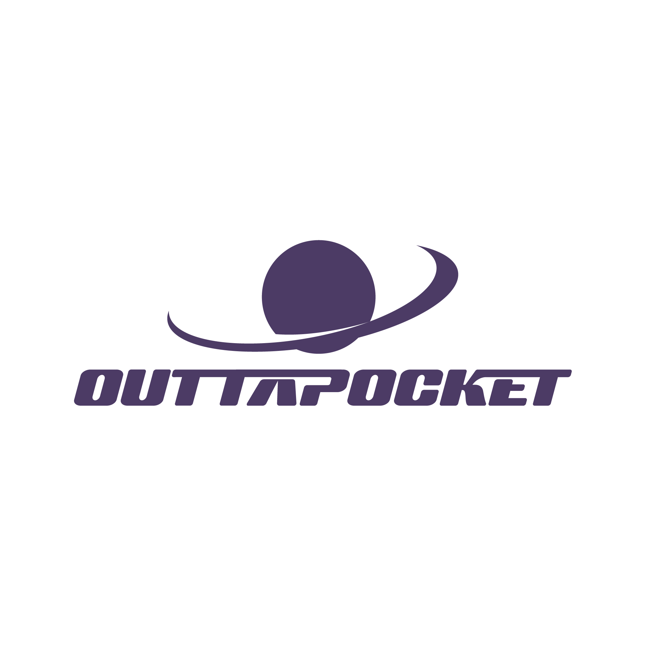 Logo with a planet and ring, and the word OUTTAPOCKET below, in purple on a black background.
