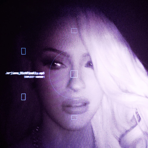 A woman with long, light-colored hair looks at the camera with a neutral expression, with a digital overlay on her face.