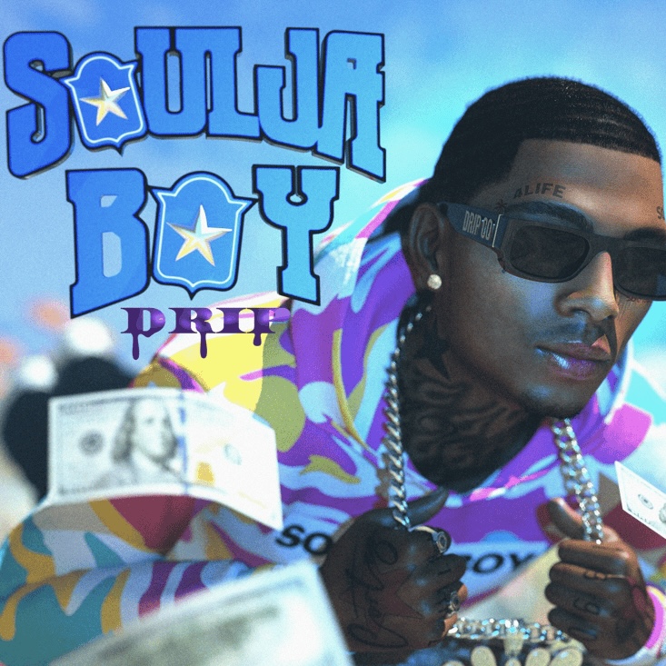Young man wearing sunglasses and a colorful hoodie, holding jewelry, with a blue background and text reading 'Soulja Boy'.