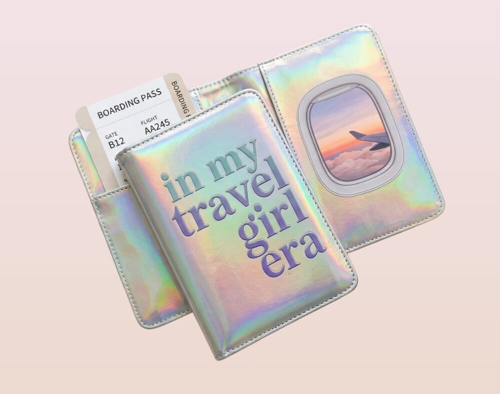 Holographic travel wallet with boarding passes and a window showing a sunset sky and airplane wing, on a pink background.