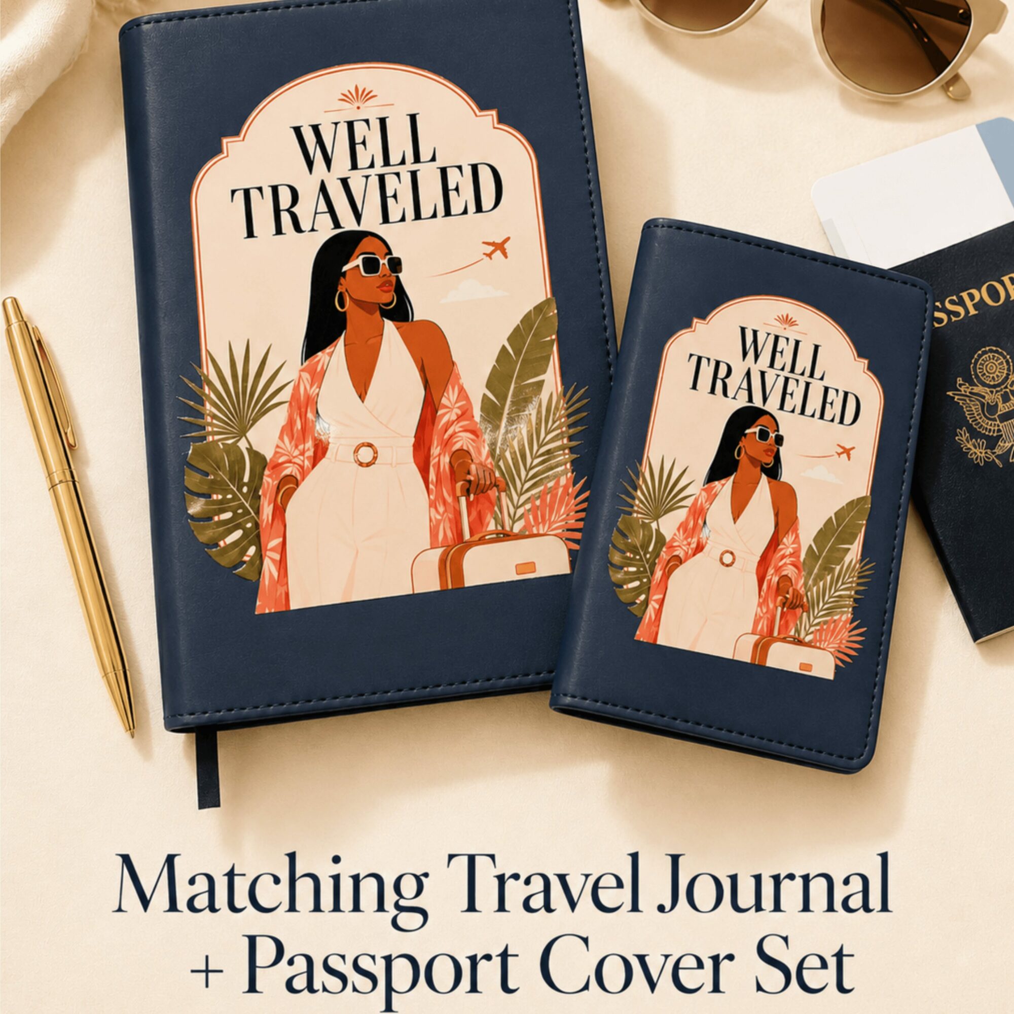 Travel journal and passport cover with matching illustrations of a woman with sunglasses and tropical leaves, on a desk.
