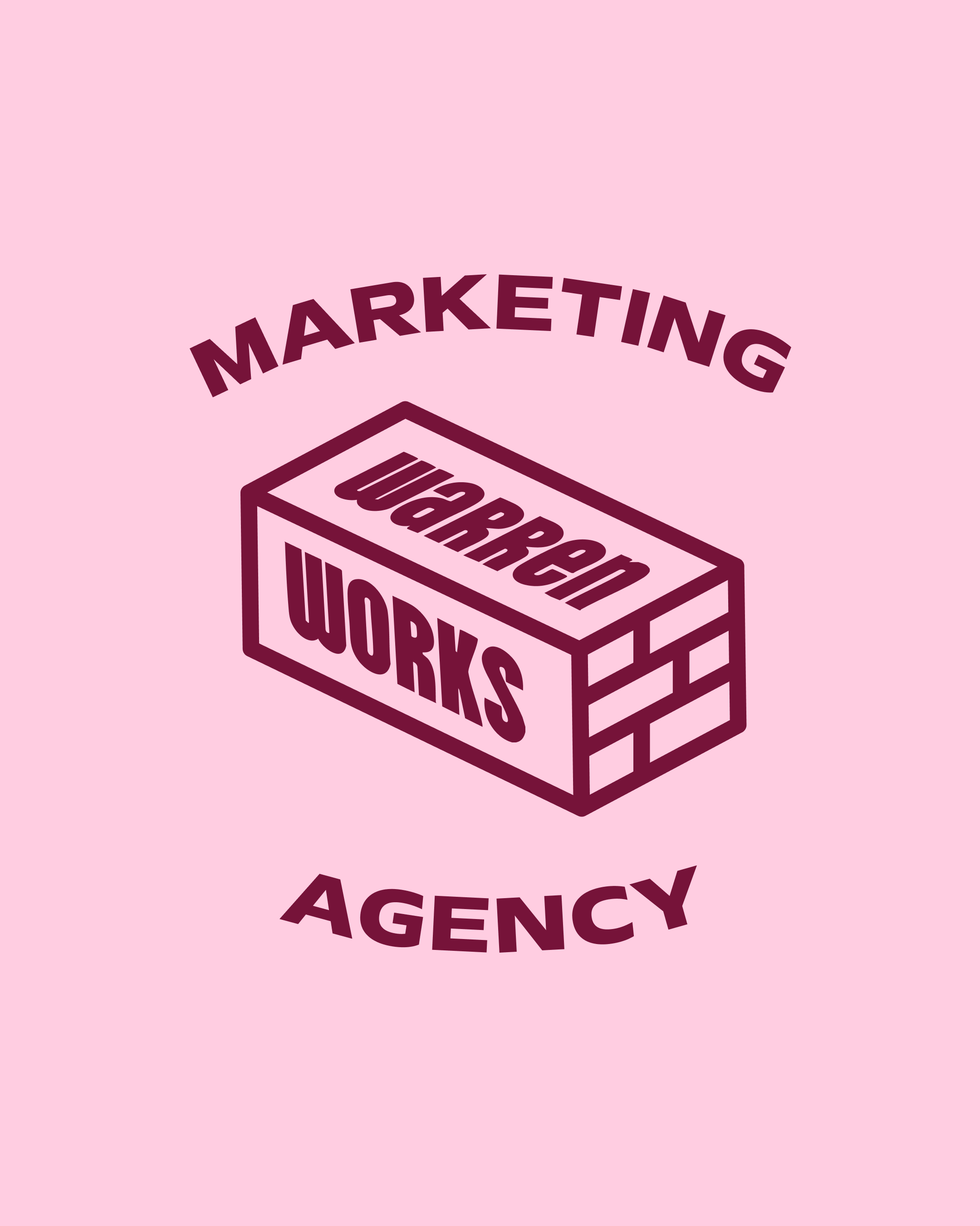 Logo with brick and text, reading 'WORKS' inside brick and 'MARKETING AGENCY' above and below, on pink background.