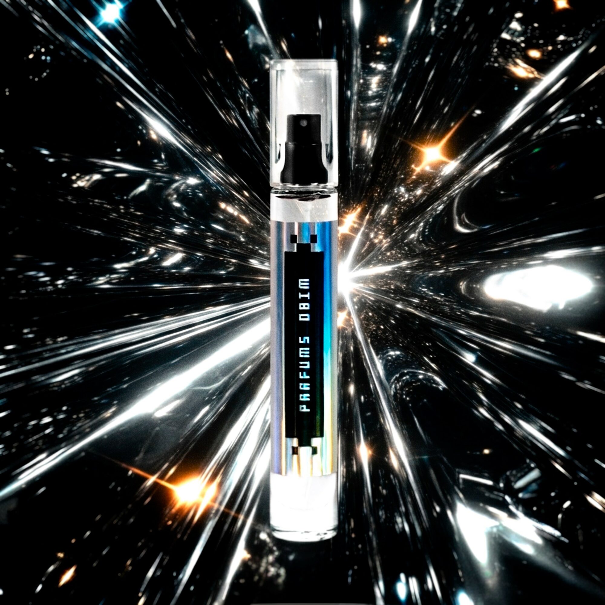 A cylindrical perfume bottle with a black spray nozzle, labeled 'Perfume D8 III,' against a dynamic, starburst background.