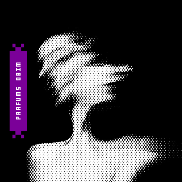 Black background with white halftone silhouette of a person's face and shoulder, purple vertical text reading 'PERFUMS QUEEN'.