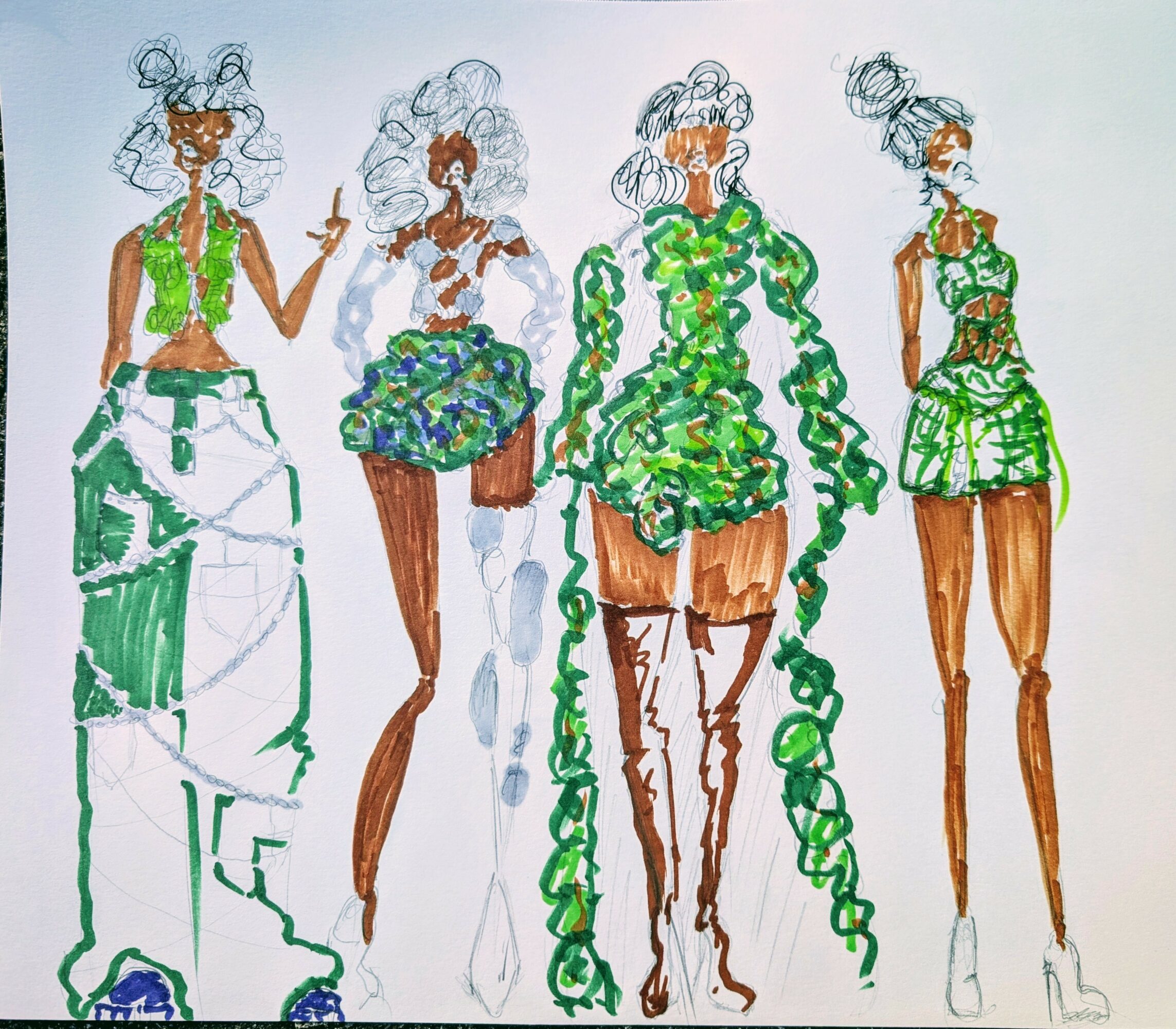 Five fashion sketches of women with elaborate hairstyles and colorful outfits, standing side by side on a white background.