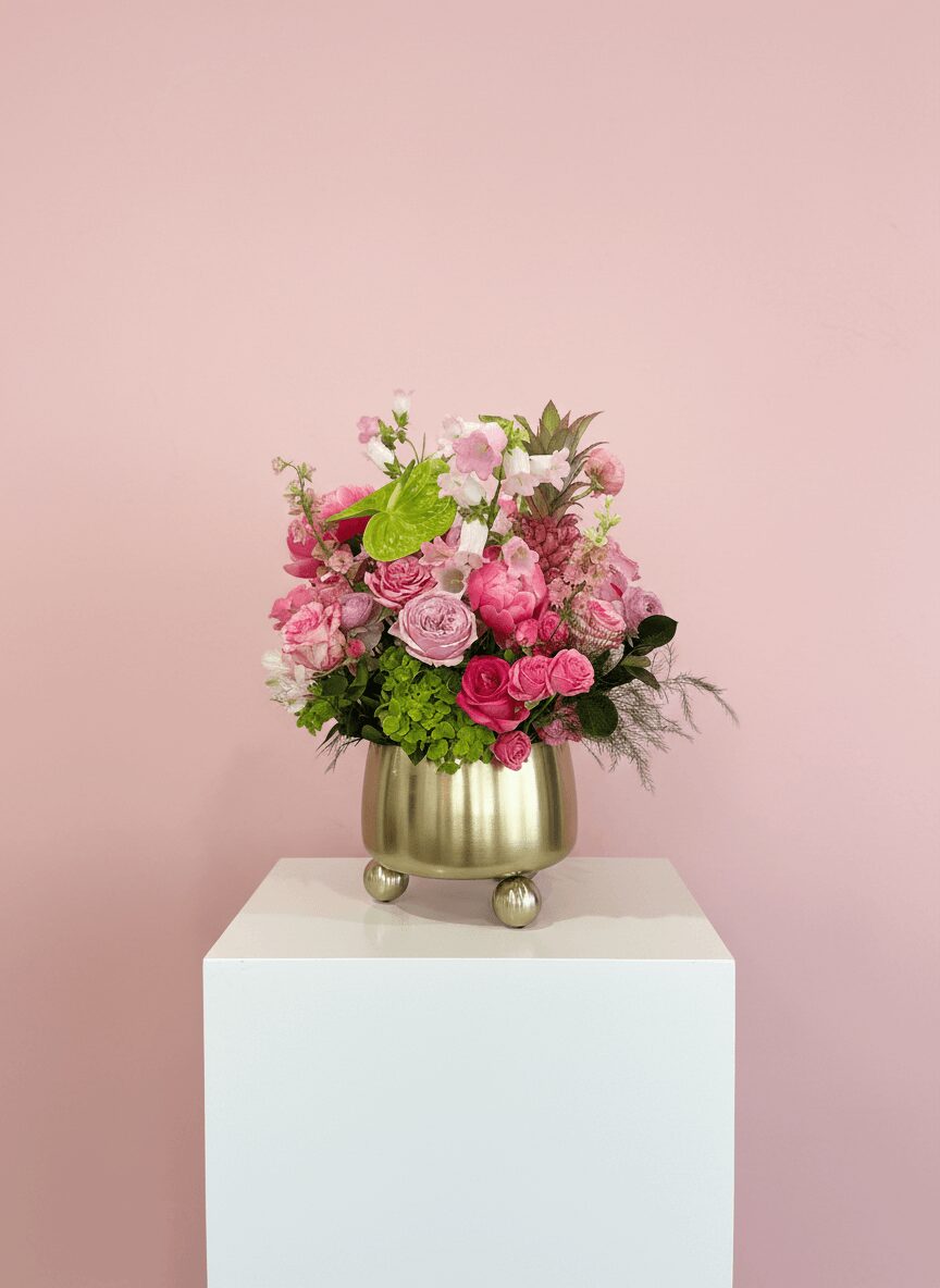 Pink and green floral arrangement in a gold vase on a white pedestal against a pink background.