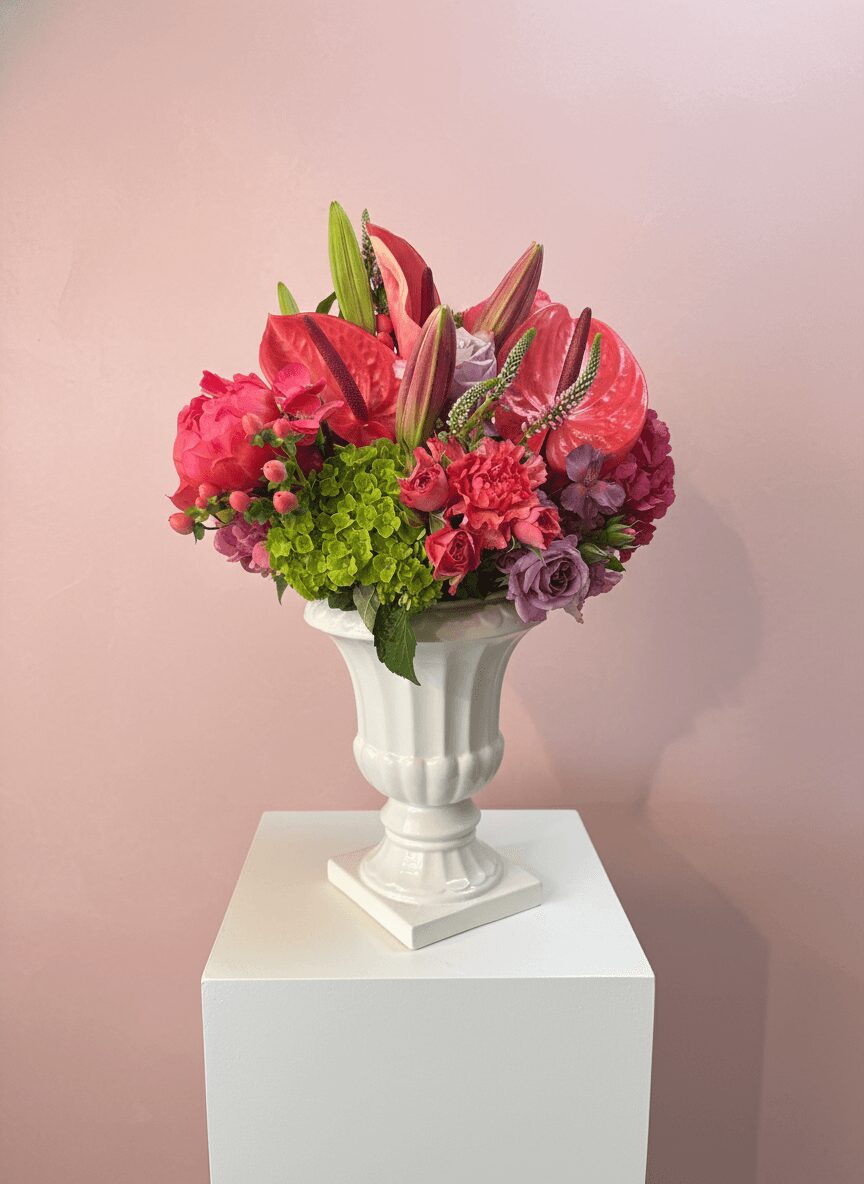 Colorful flower arrangement in a white vase on a white pedestal against a pink background.