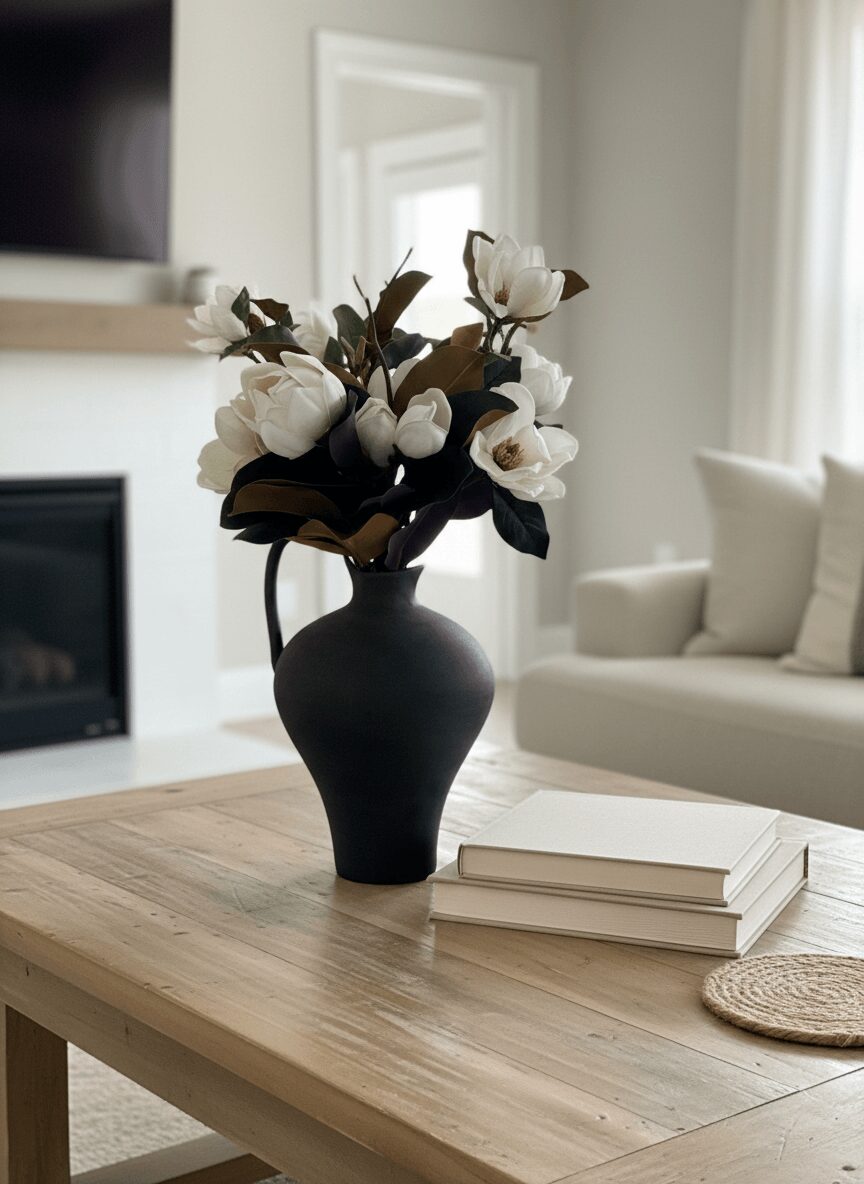 Black vase with white flowers on a wooden table, with a white sofa and a mirror in the background.