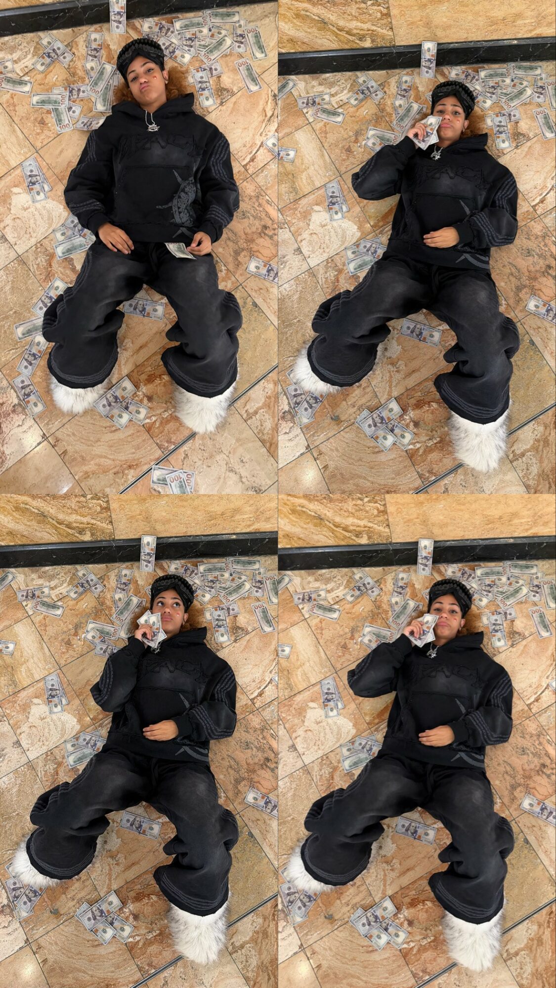 Person lying on a tiled floor, wearing a black jacket and pants, with hands near face, smiling, in four poses.