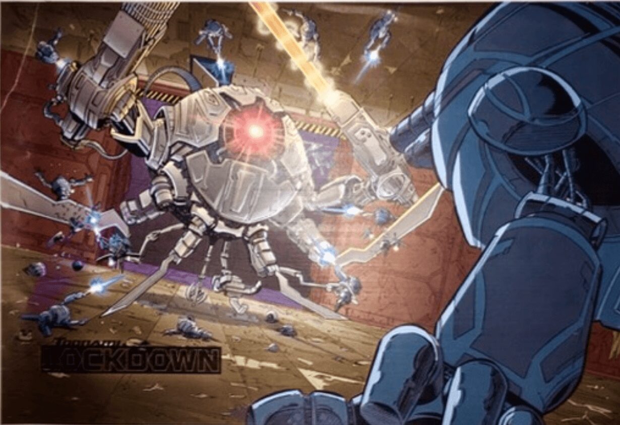 A robot with a glowing red eye faces a person in armor, with a battle scene and explosions in the background.