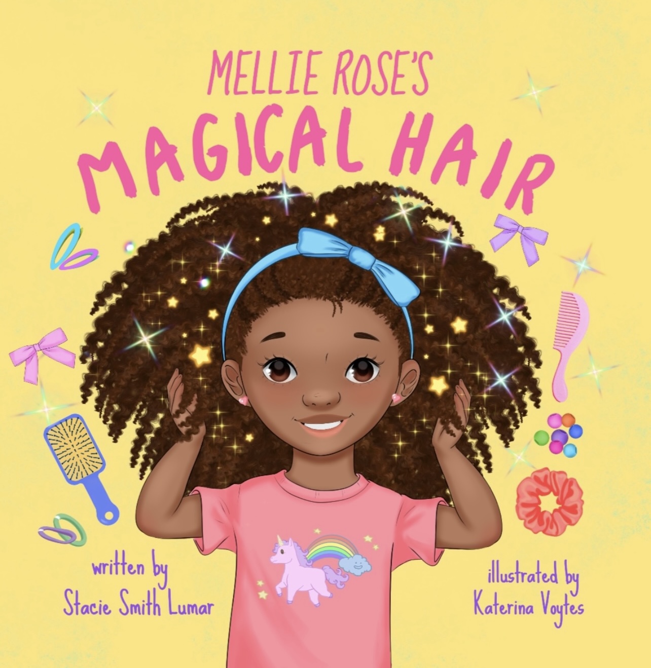 Young girl with curly hair, wearing a pink shirt with a unicorn, smiling, surrounded by colorful hair accessories and stars.