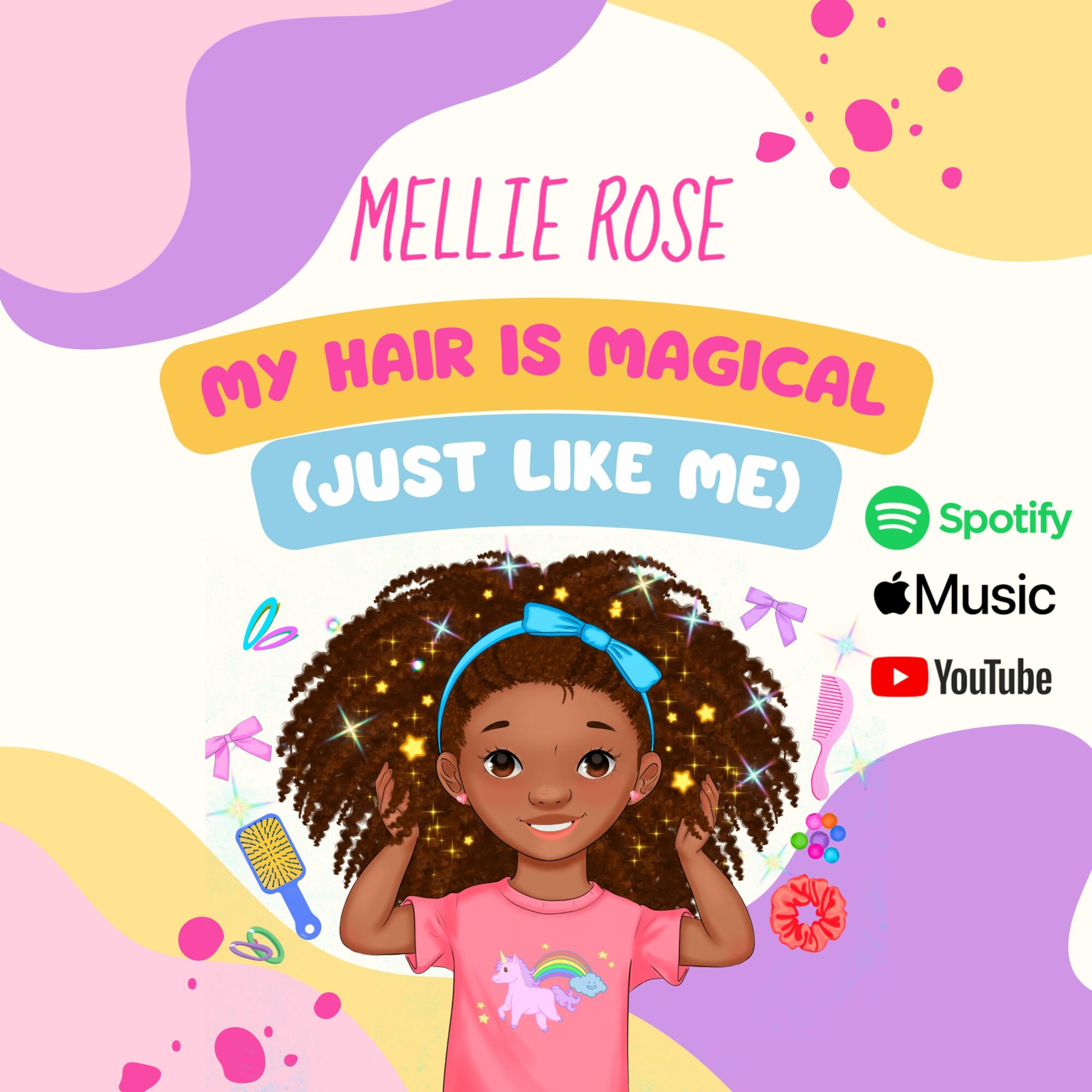 Illustration of a girl with curly hair, wearing a pink shirt with a unicorn, surrounded by colorful shapes and music icons.