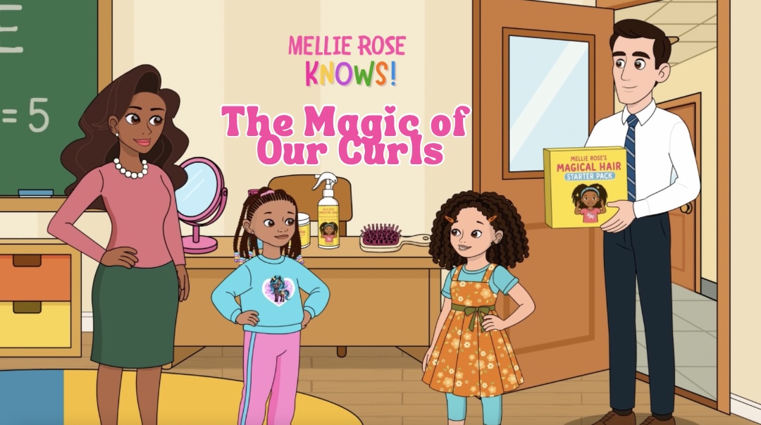 Four characters in a kitchen, a woman, three children, and a man holding a book, colorful background, cartoon style.