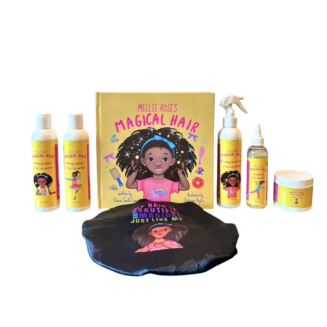 Collection of hair care products, a book, and a black hair wrap with a girl illustration, all related to hair styling.