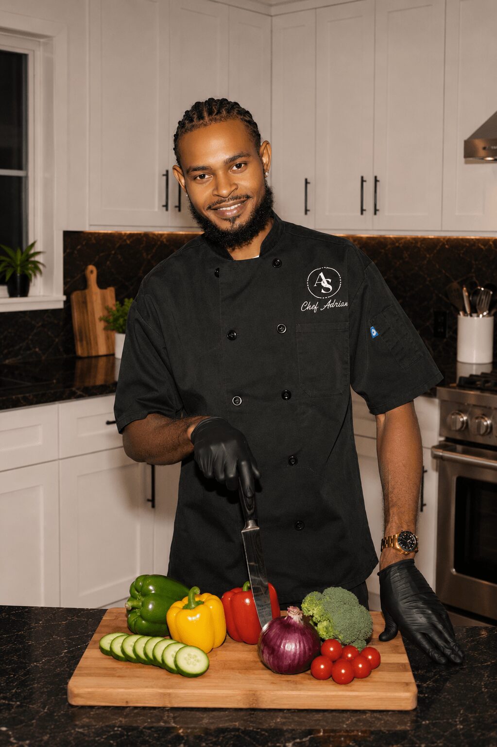 Chef with beard and braided hair in black uniform stands in kitchen, holding a knife over vegetables on a cutting board.