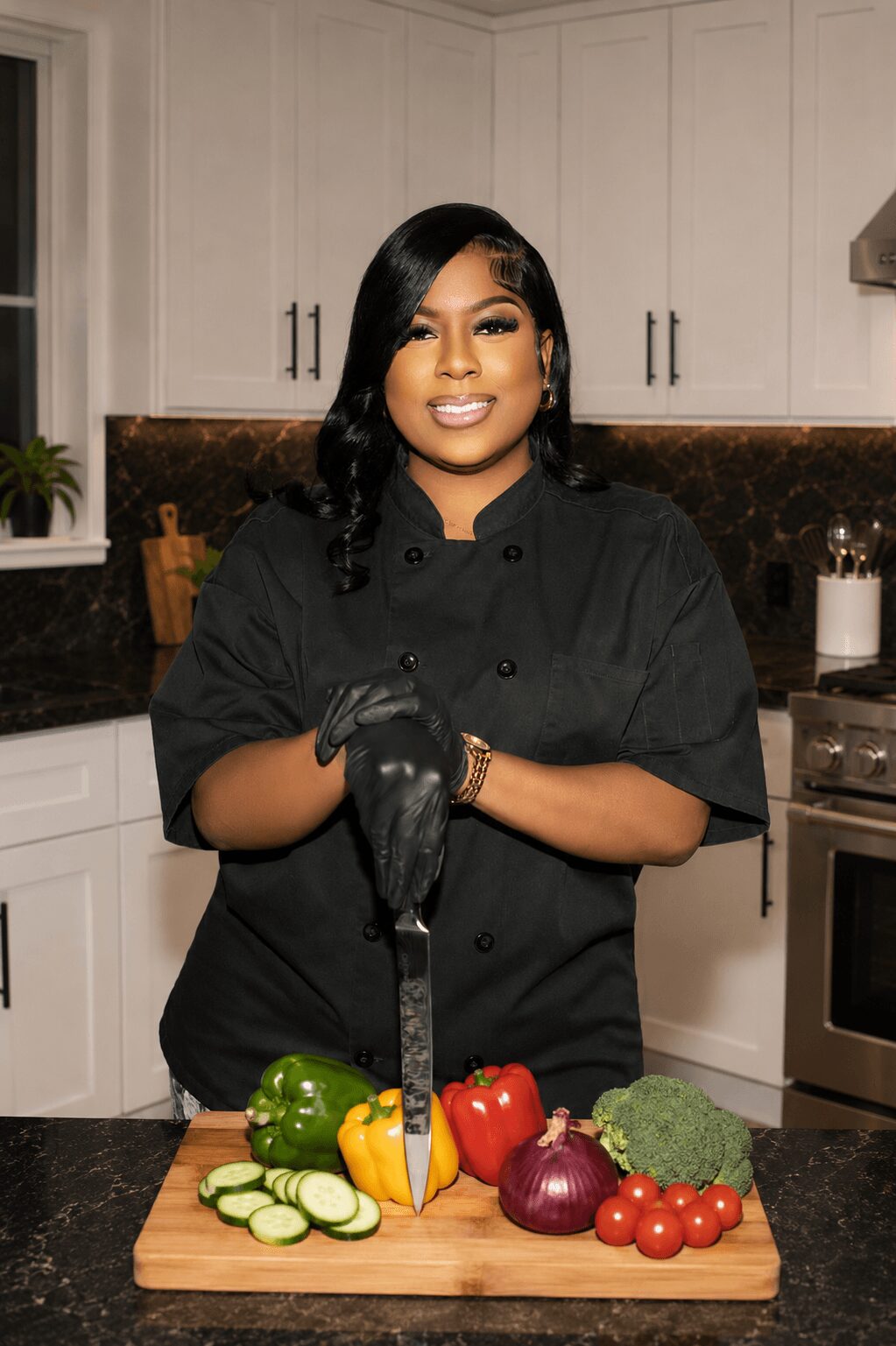 Woman in black chef coat smiling in kitchen with vegetables on cutting board, holding a knife, dark hair, white cabinets