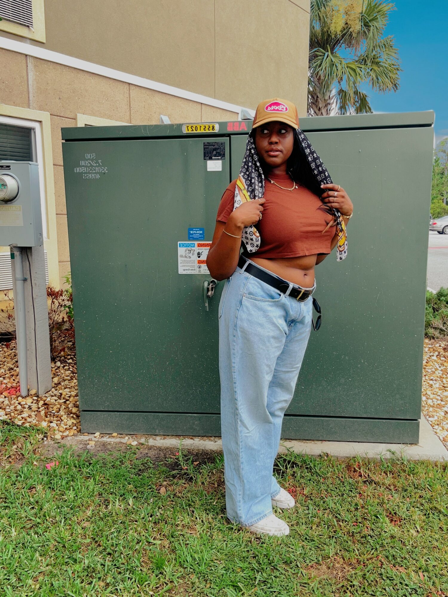 Young woman with long braided hair, wearing a pink cap, brown crop top, and light blue jeans, standing outdoors in front of a green electrical box.