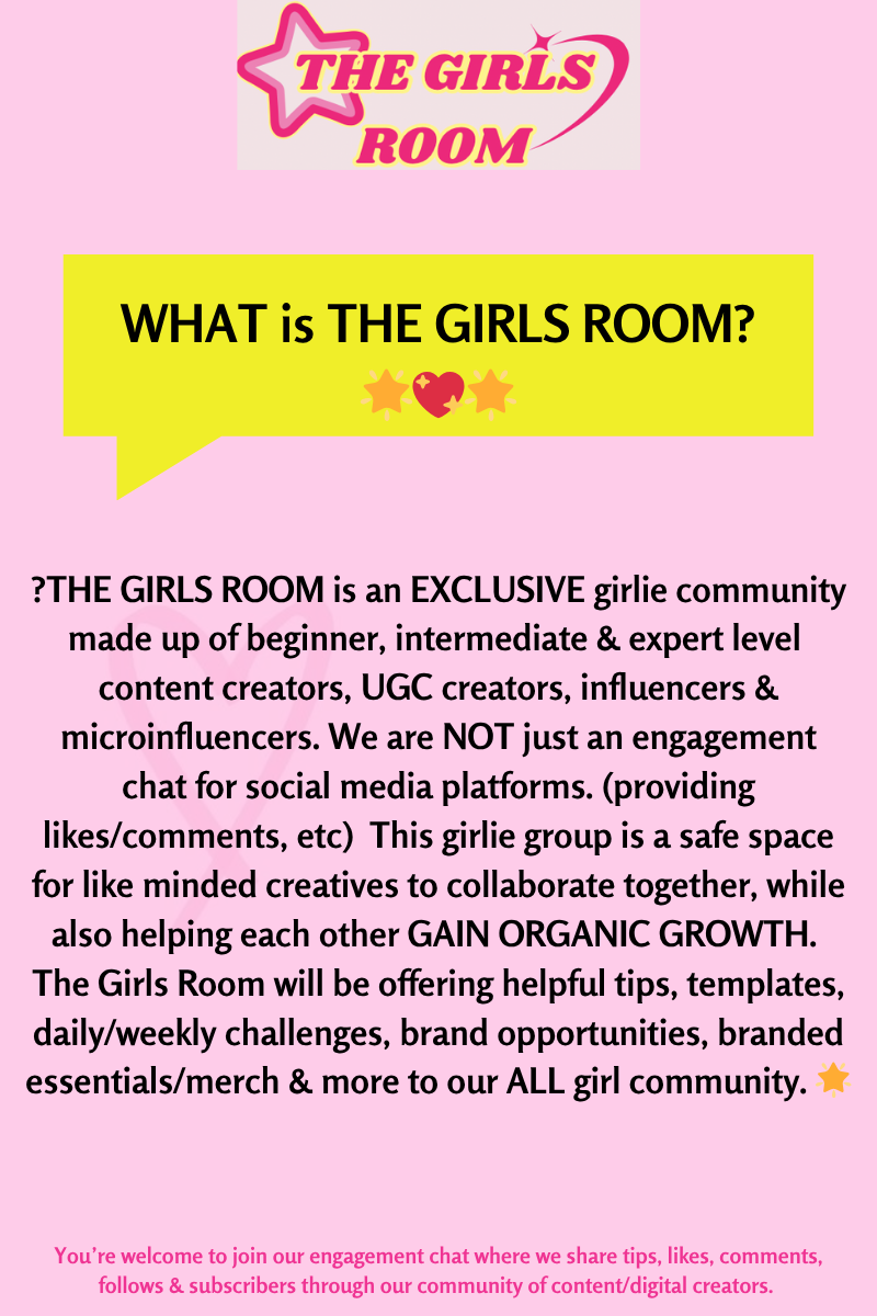 Pink and yellow sign with text about The Girls Room community, featuring stars and hearts, on a pink background.