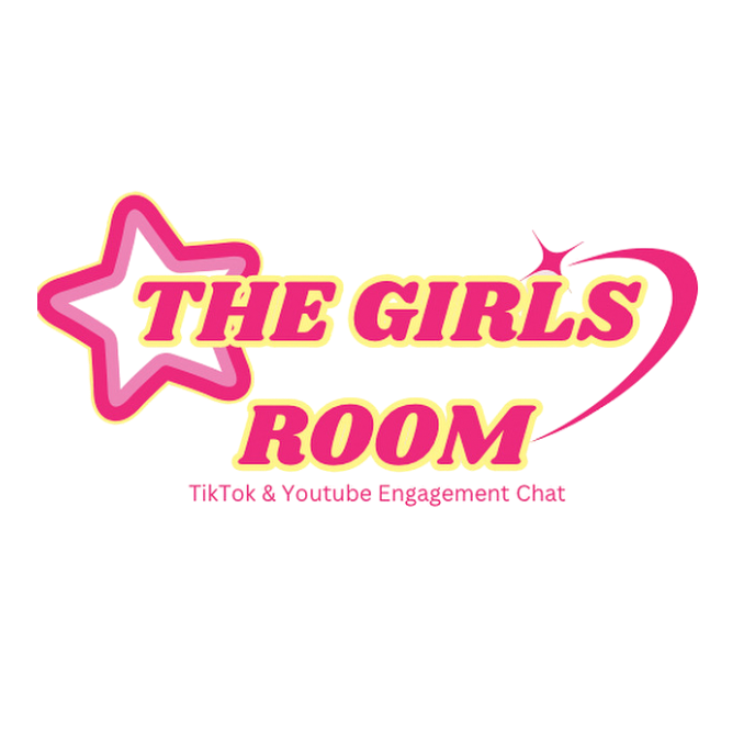 Logo with pink star, text 'THE GIRLS ROOM' in pink and yellow, and a pink heart, on black background.
