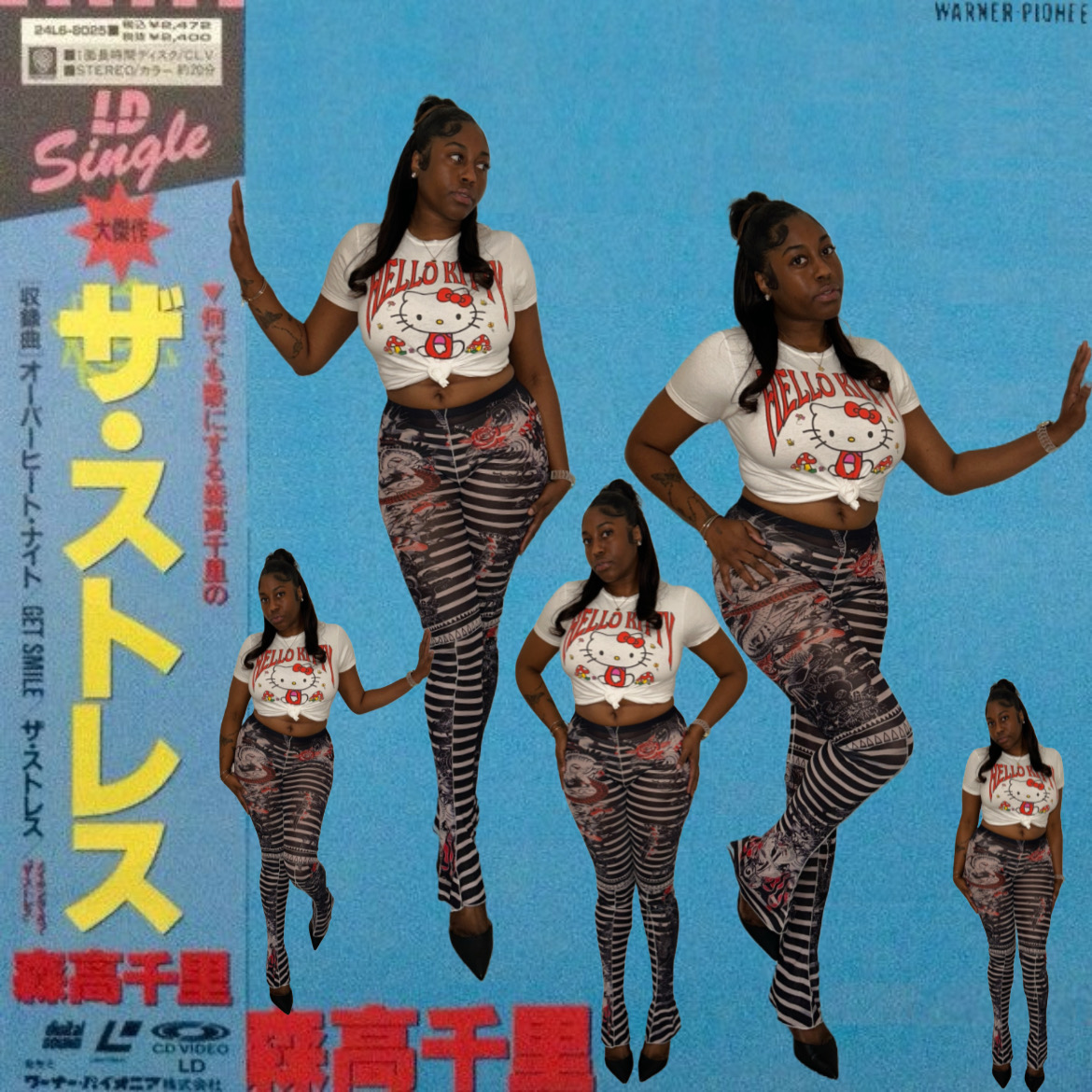 Five women in matching outfits pose against a blue background, wearing striped pants and Hello Kitty shirts.