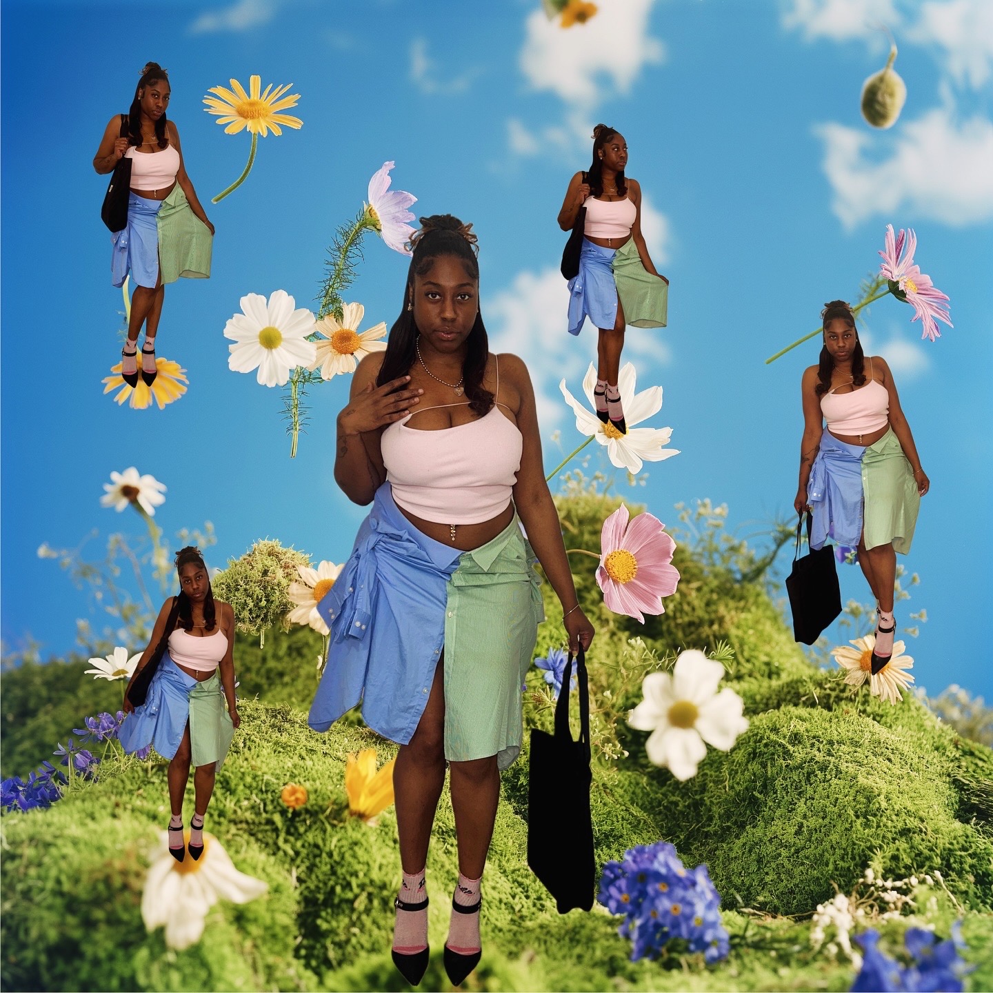 Multiple women in casual clothing floating among flowers and clouds in a bright sky, with a lush green landscape below.