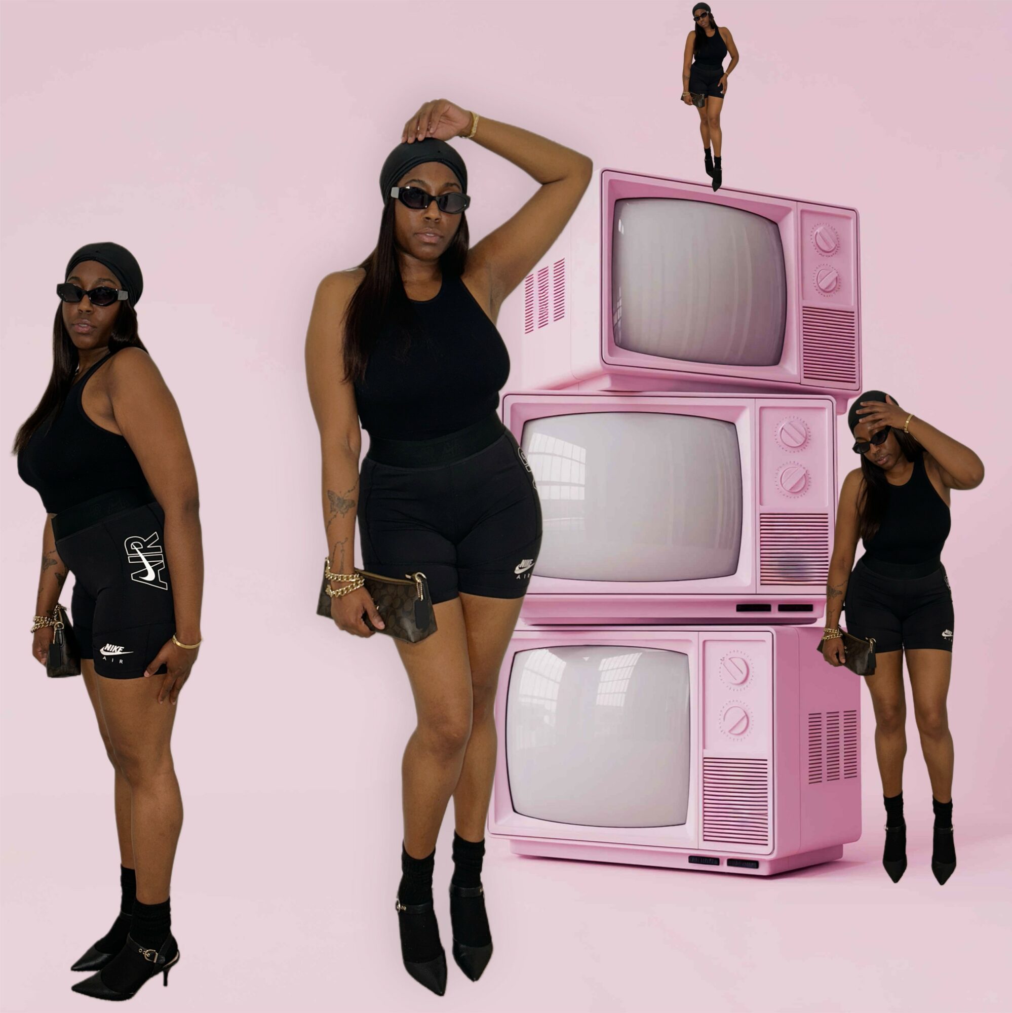 Four women in black outfits and sunglasses stand near pink vintage TVs, with one woman on top of a TV. Word count: 20