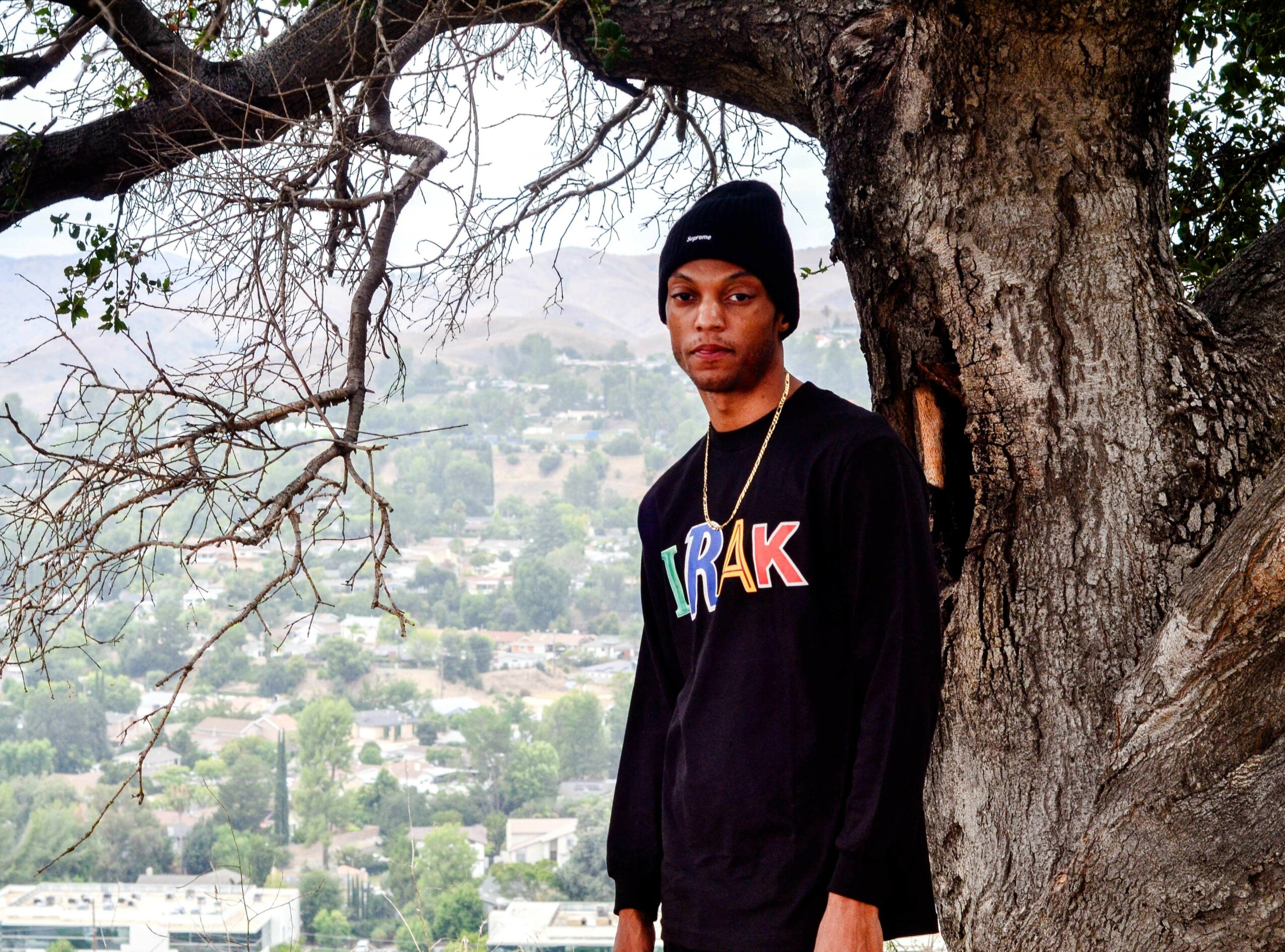 Young person standing next to a large tree with a cityscape in the background, wearing a black beanie and sweatshirt with colorful text.