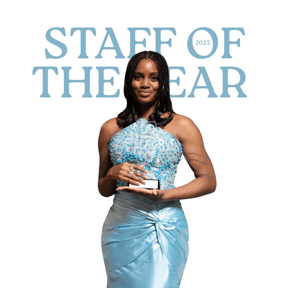 Young woman in a blue dress holding an award, standing in front of a white background with text.