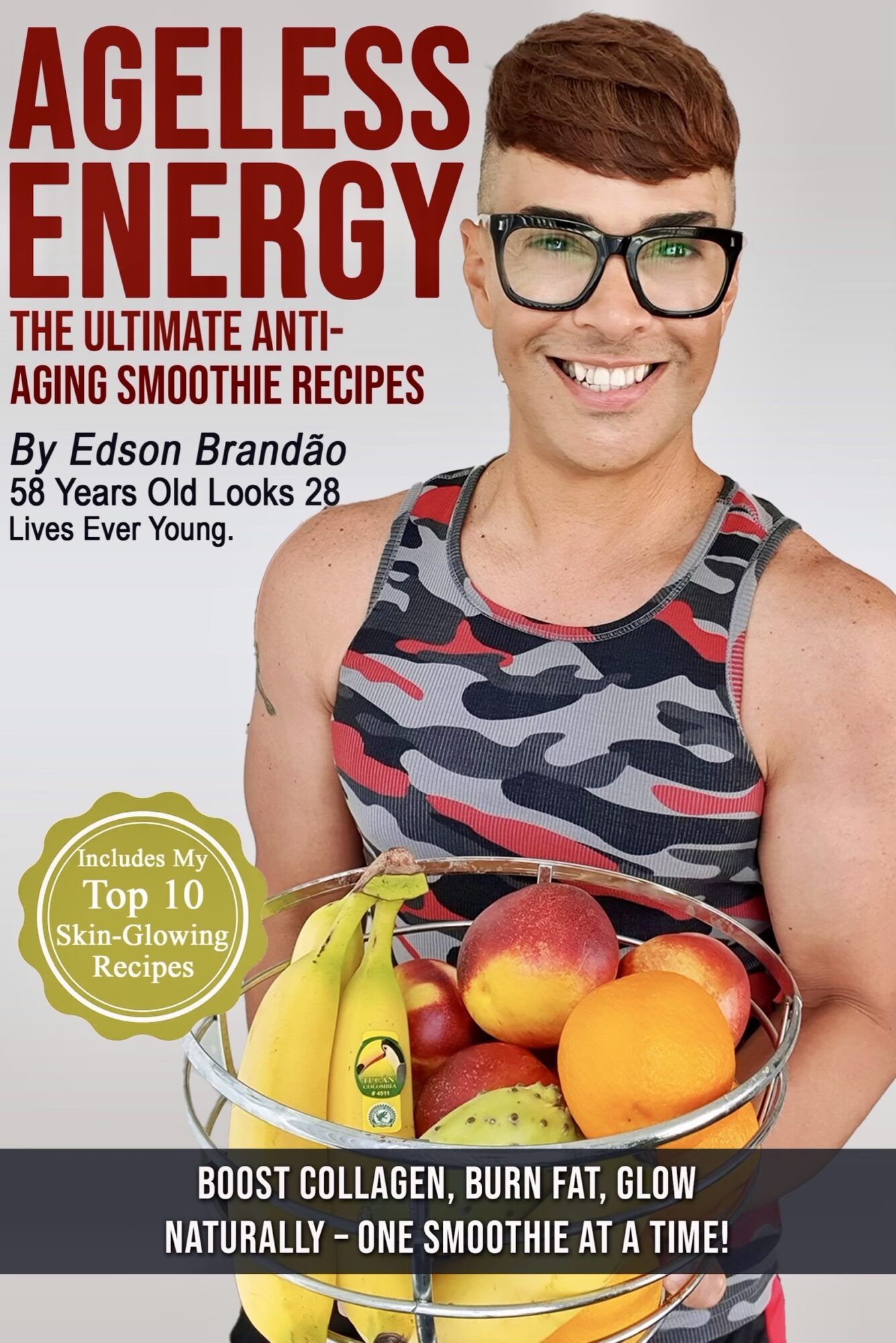 Book cover featuring a smiling woman with short hair and glasses, holding a bowl of fruit, with bold red and black text.