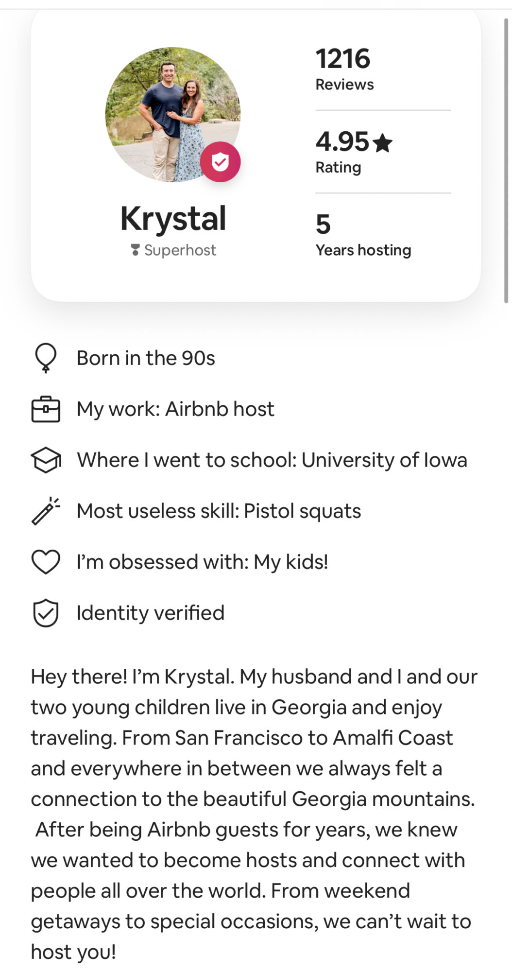 Profile card with a person holding a child outdoors, showing reviews, ratings, and personal details.
