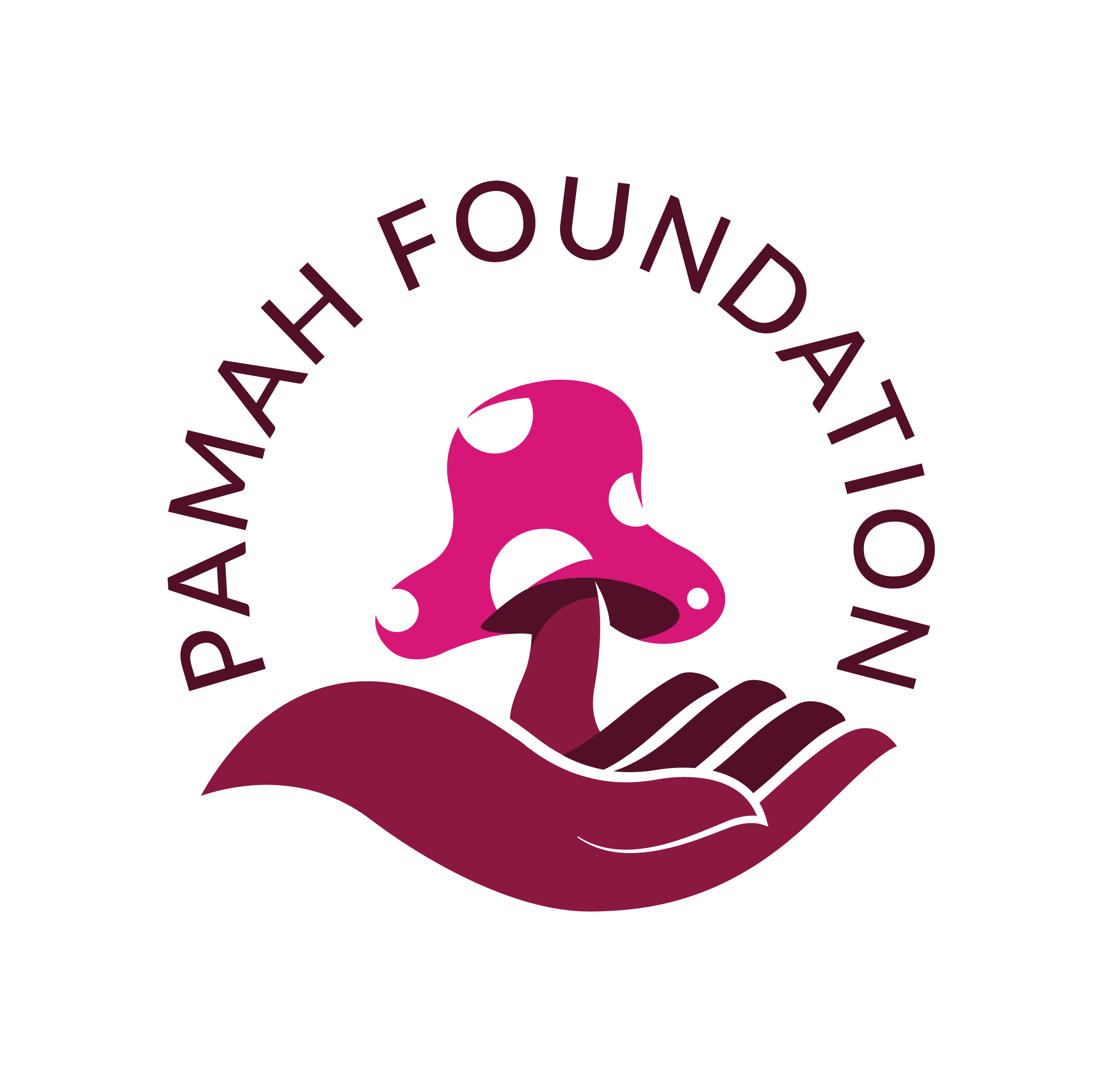 Logo with a pink dog head above a hand, with text 'Pamah Foundation' curved around the top.