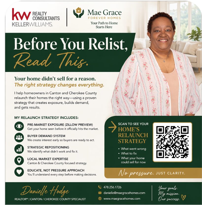 Advertisement for real estate consulting with a smiling woman in a pink and white top, green and white text, and logos at the top.