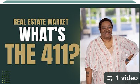 Text on a green background reads 'Real Estate Market What's the 411?' with a smiling woman in a pink and white patterned blouse standing outdoors.