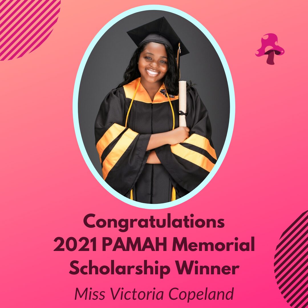 Smiling woman in graduation gown and cap holding diploma, celebrating scholarship award, against pink background with decorative elements.