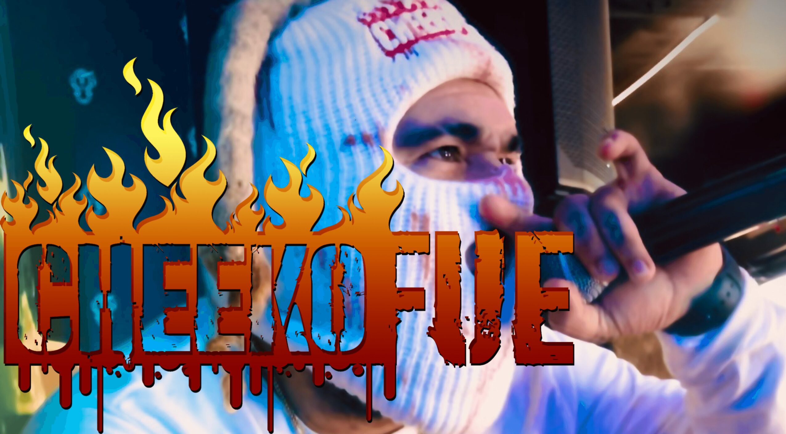 Close-up of a person wearing a winter hat and scarf, holding a phone, with flames and text overlay.
