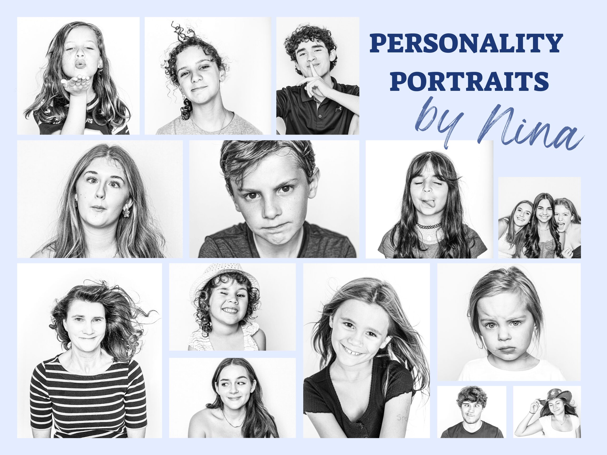 Collage of black-and-white portraits of children and teenagers, with text 'Personality Portraits by Nina' in blue and purple.