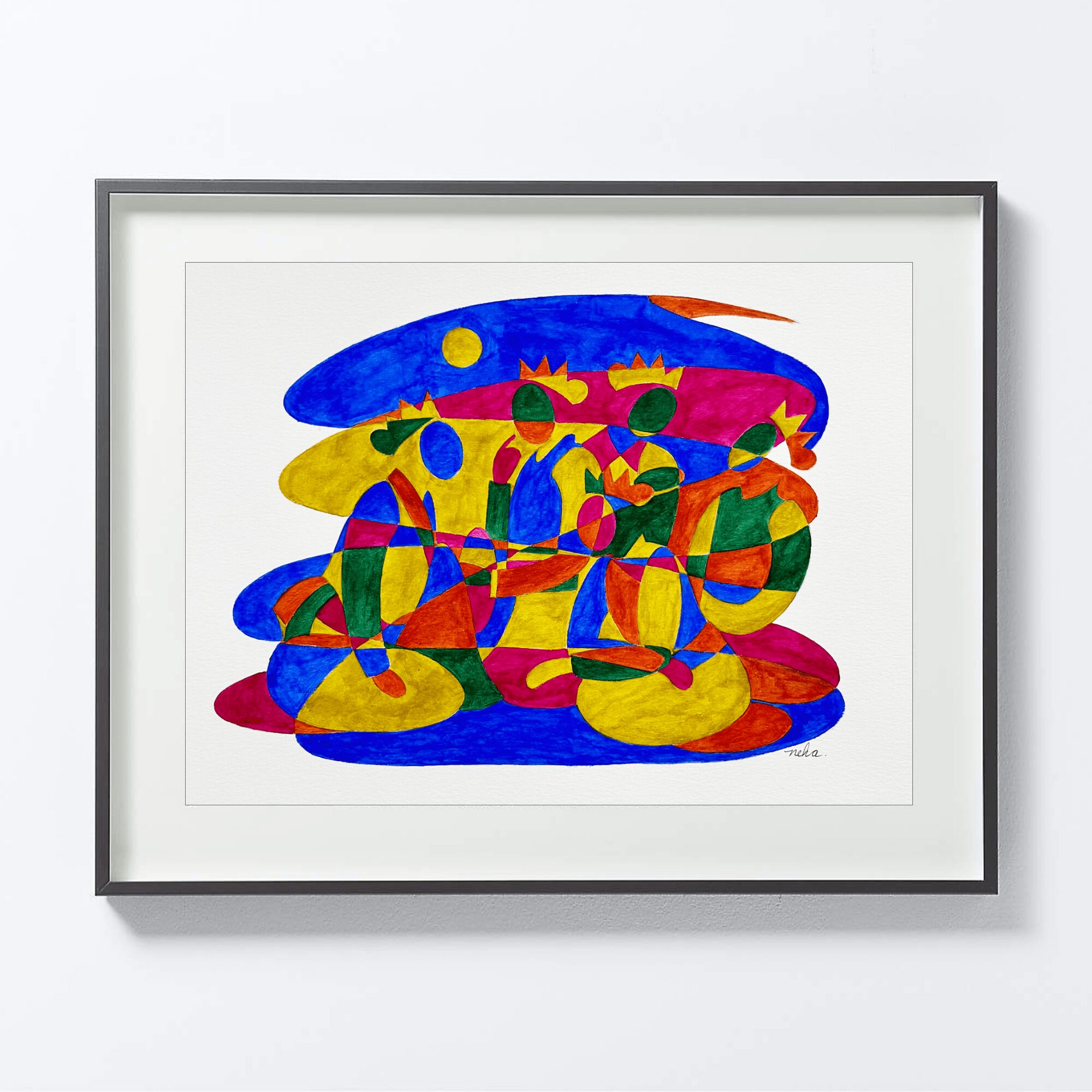Colorful abstract painting with various shapes and bright colors, framed and hung on a white wall.