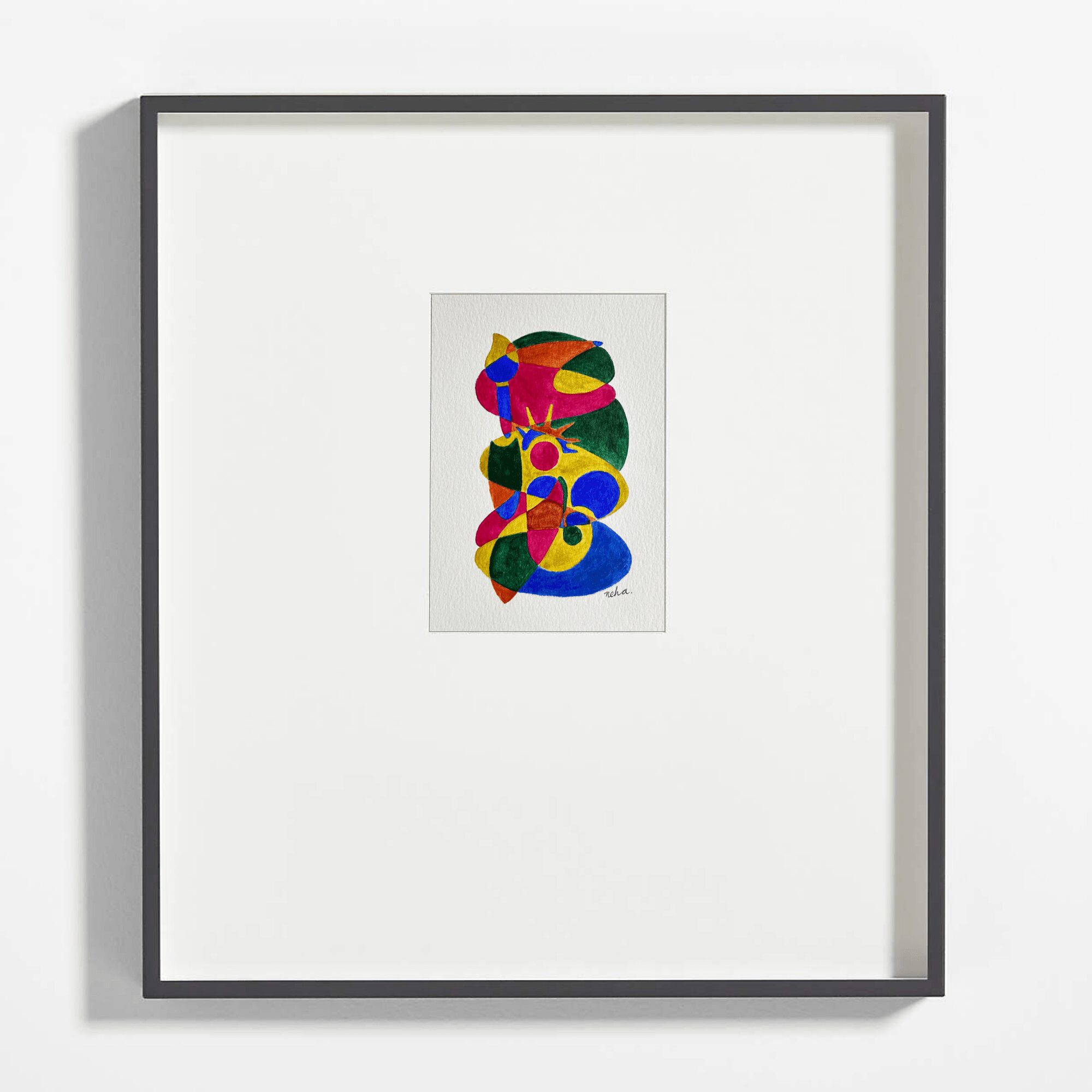 Colorful abstract artwork with various shapes and patterns, framed and displayed on a white wall.